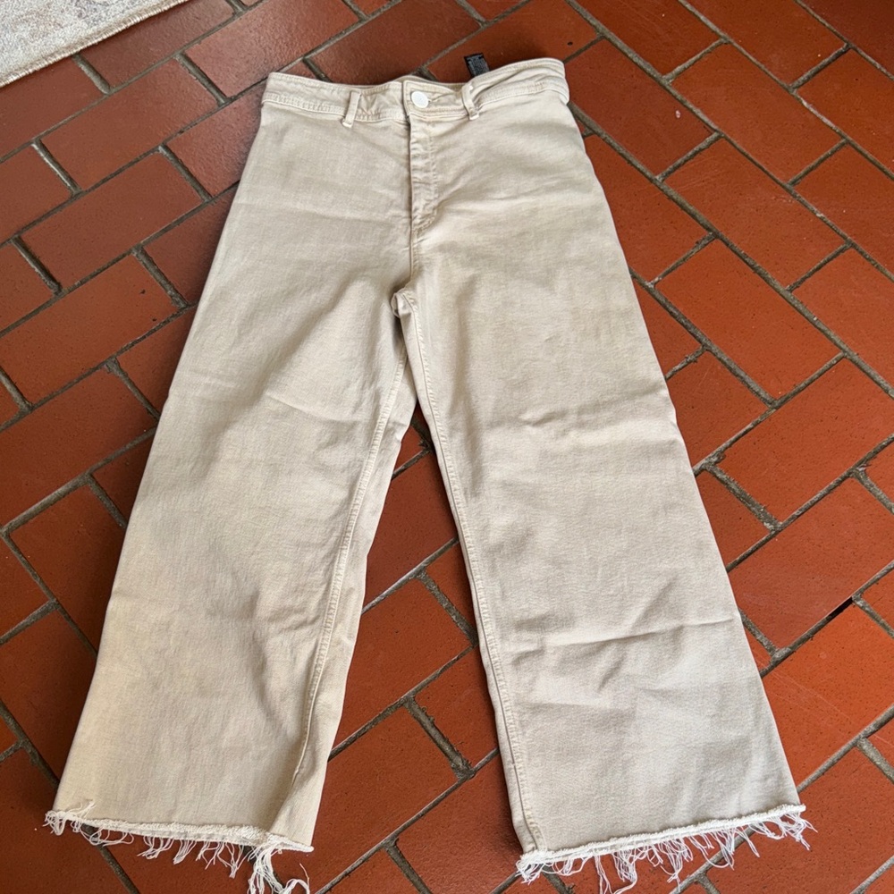 Zara Beige Button-Fly Wide Leg- Frayed Hem 10